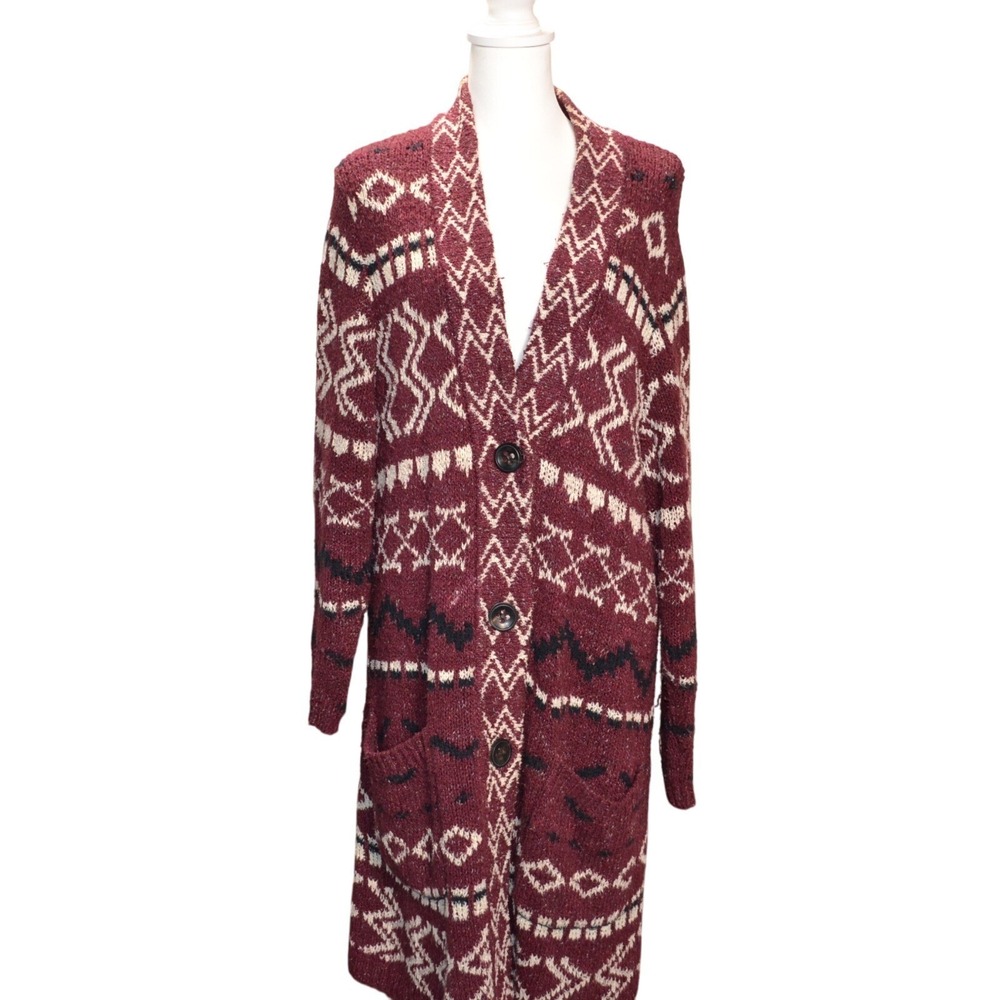 J. Jill Women's Size L Burgundy‎ Fair Isle Open Front Knit Cardigan Sweater Long